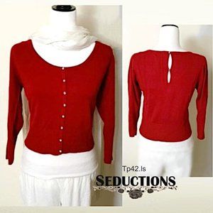 Seductions Rayon Blend Stretchy Red Top Sweater Scoop Neck 3/4 Sleeve Button M-L